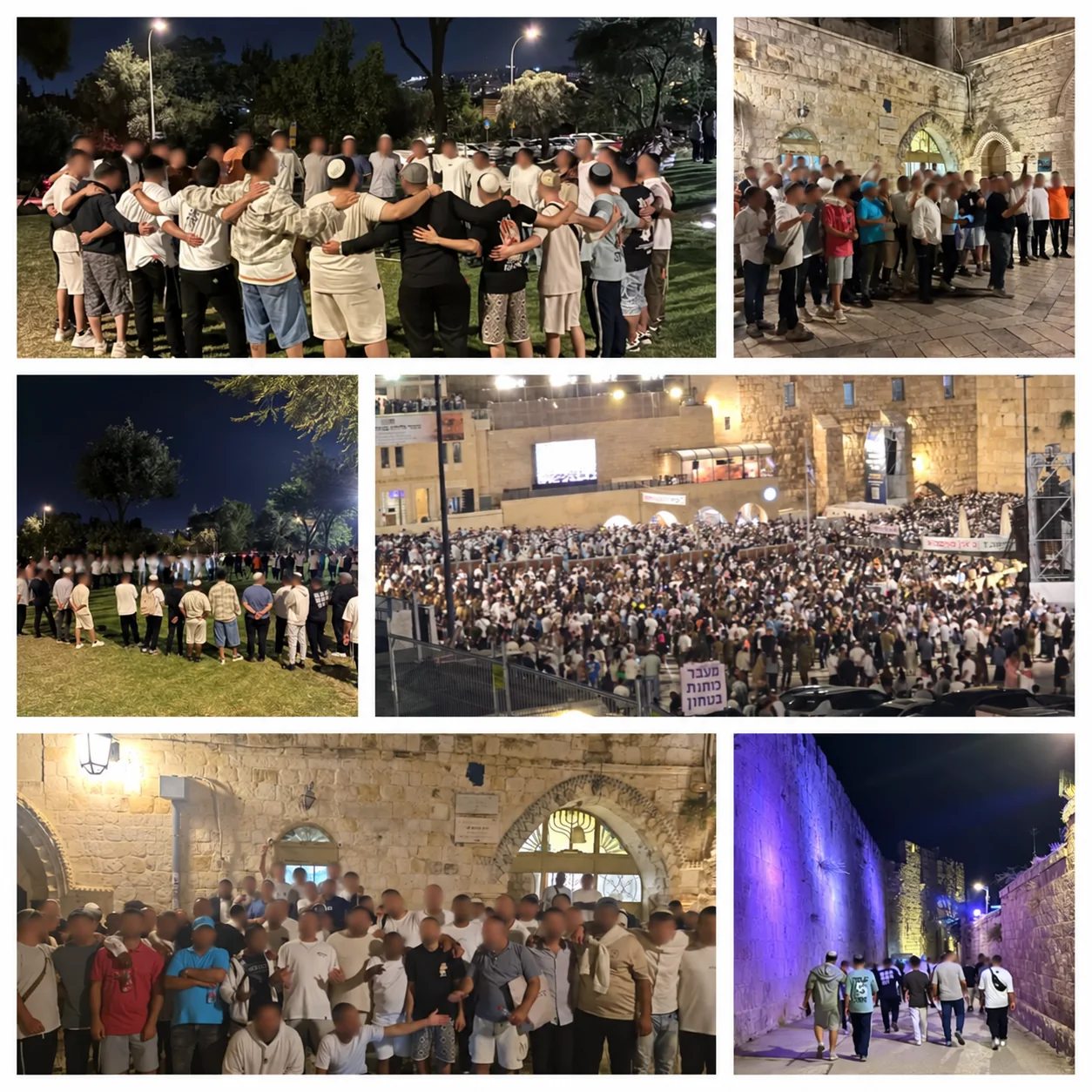 A collage of group gatherings and an evening visit in Jerusalem